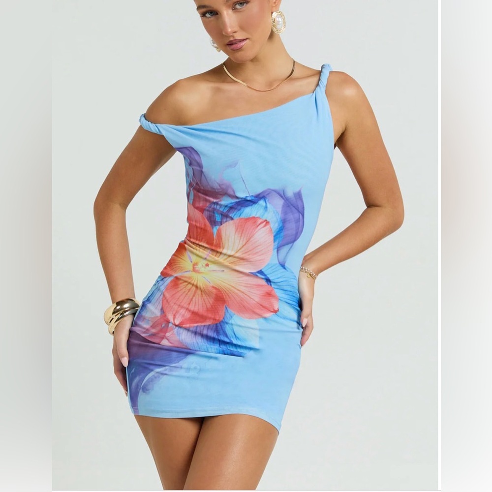 Showpo Jenny mini dress twisted strap off shoulder floral Blue Dress US 2 XS/S